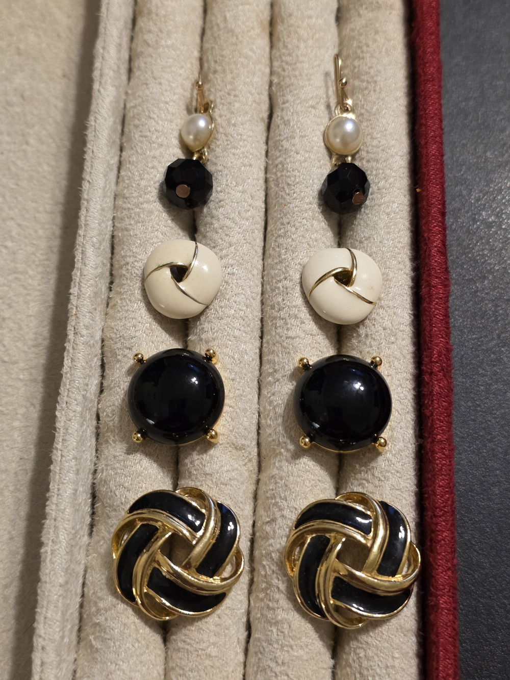 Vintage 4 Pair Pierced Earring Set: Gold, Black & Cream Studs/Knot & Drop - Picture 2 of 10